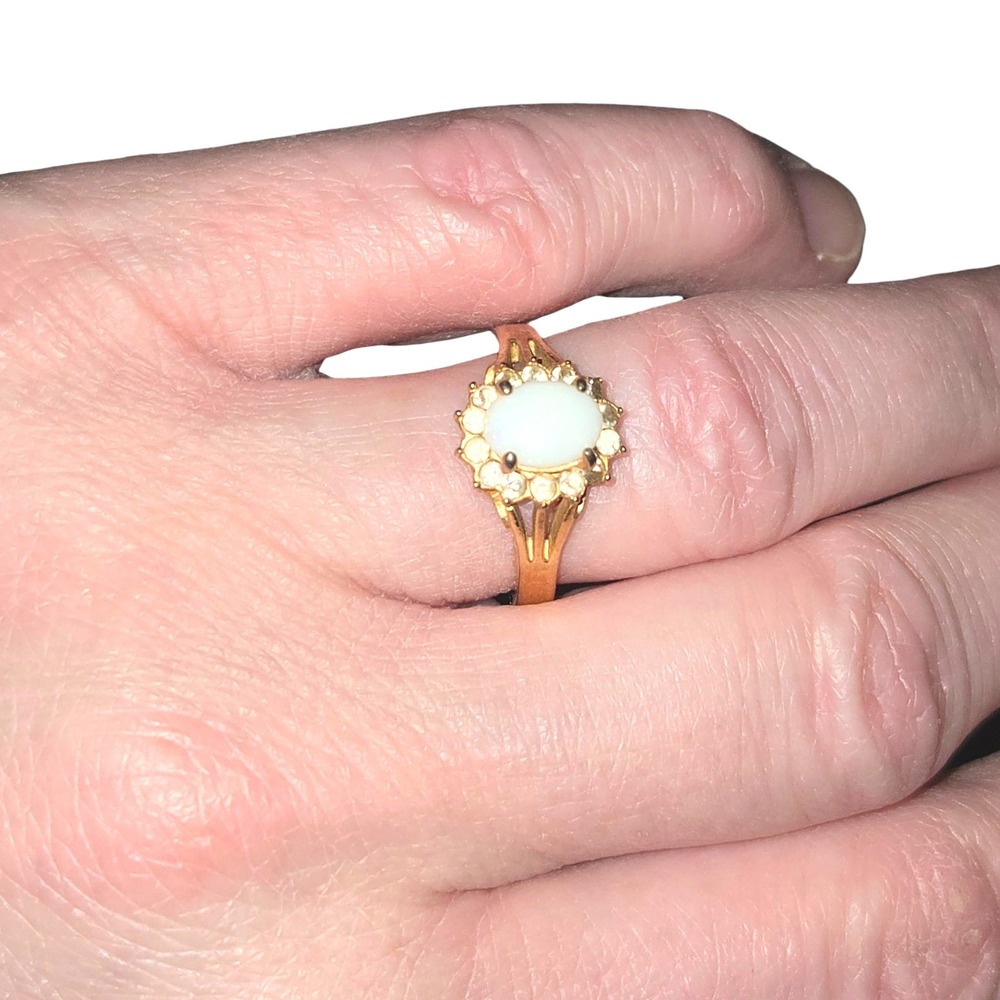 VTG Opal Ring Womens Size 8 18K GE Yellow Gold White Opal Halo Clear CZ Filigree